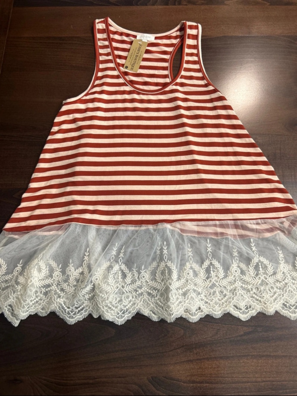 Umgee Red and White Striped Tank with Lace Trim